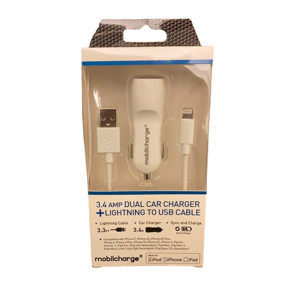 ⚜️3.4 Amp Dual Car Charger & Lightning to USB Charging Cable! NWT!